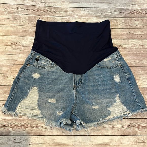 Pinkblush Dark Wash Distressed Fringe Hem Maternity Full Panel Jean Shorts - Picture 4 of 10
